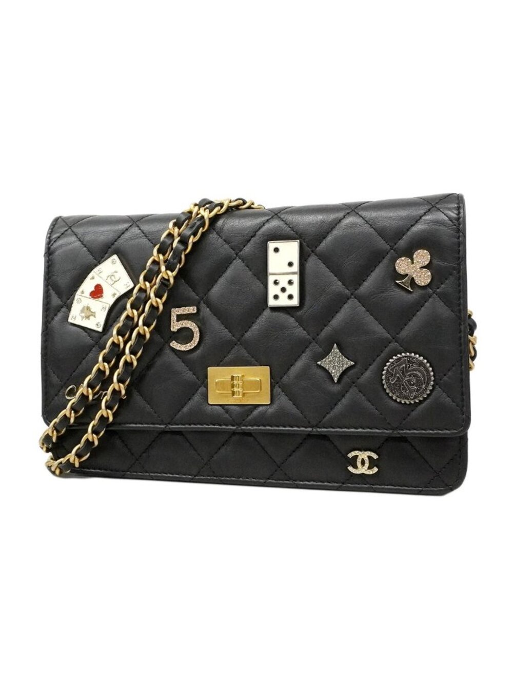 Chanel Shoulder Wallet 2.55 Quilted Lambskin Black Gold Silver Handbag